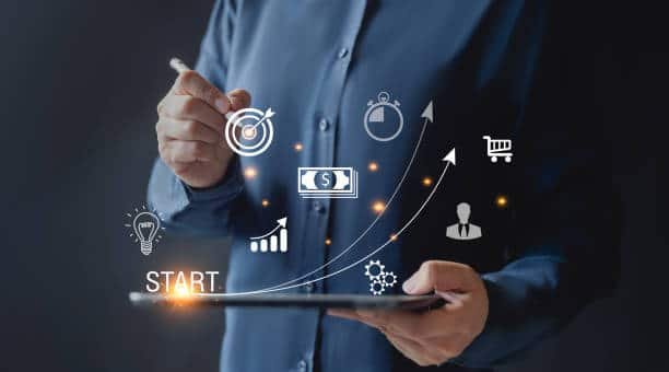 Startup concept with business and network icons on a modern virtual interface