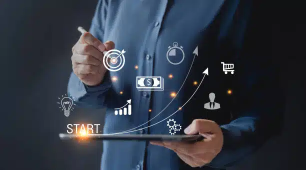 Startup concept with business and network icons on a modern virtual interface