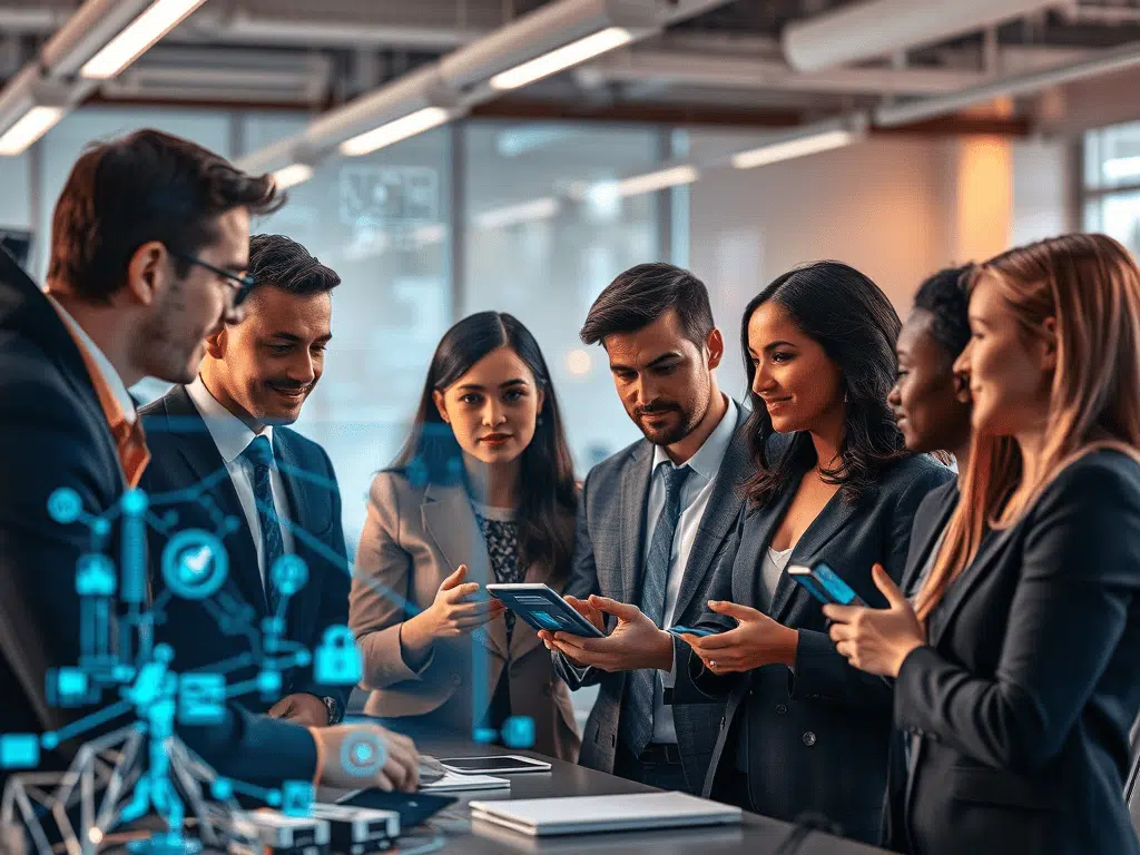 Team collaborating with AI technology around a digital screen