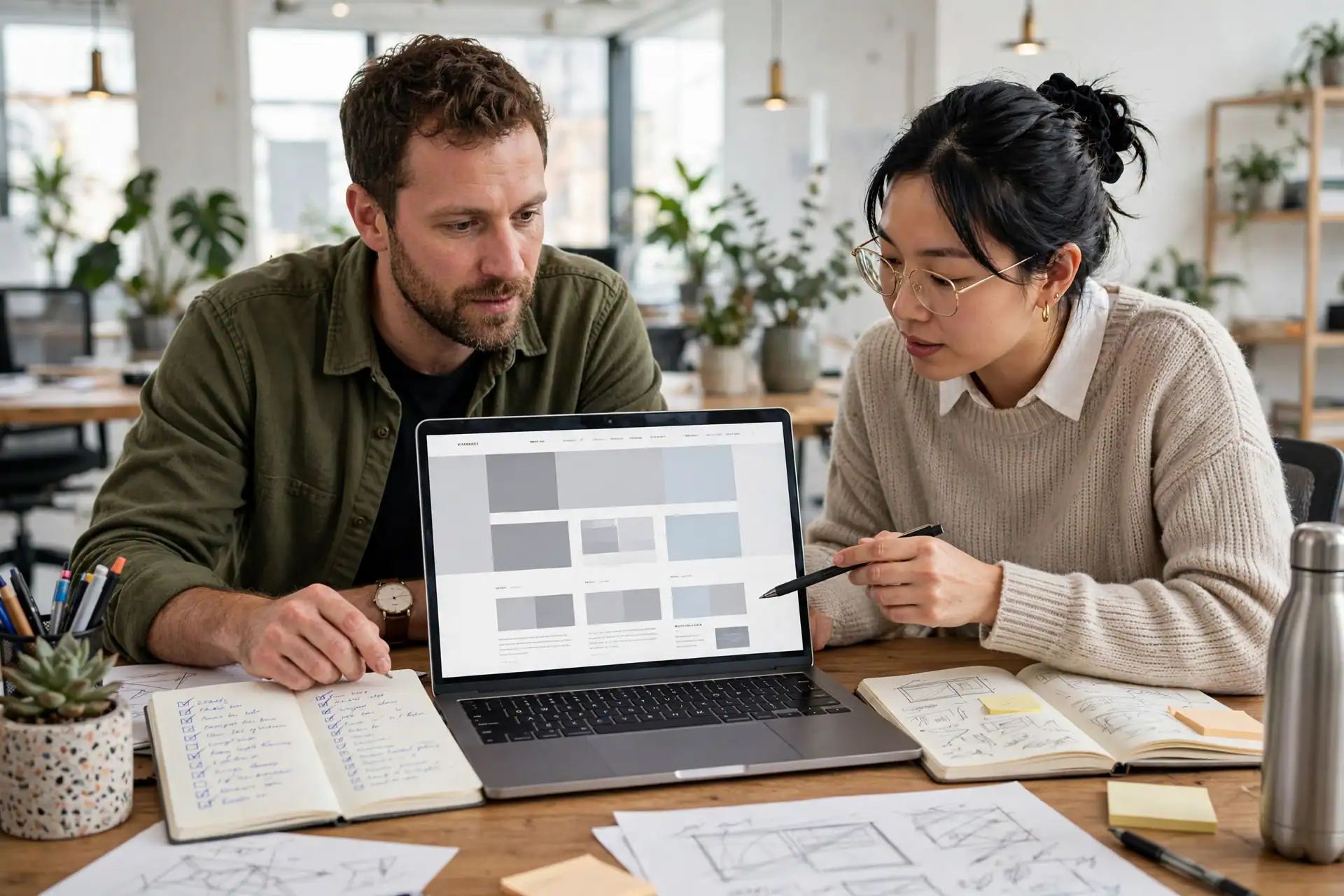 Business owner and web designer planning a WordPress website together