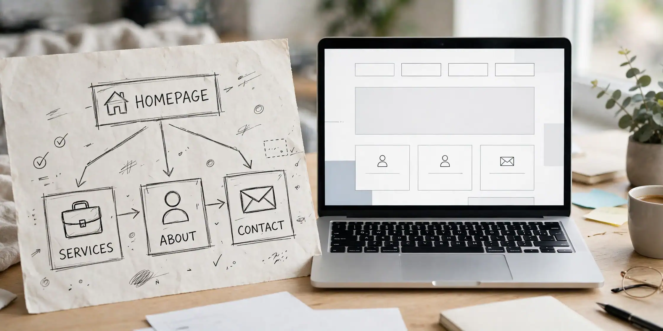 Website structure sketched out with homepage, services, about and contact pages