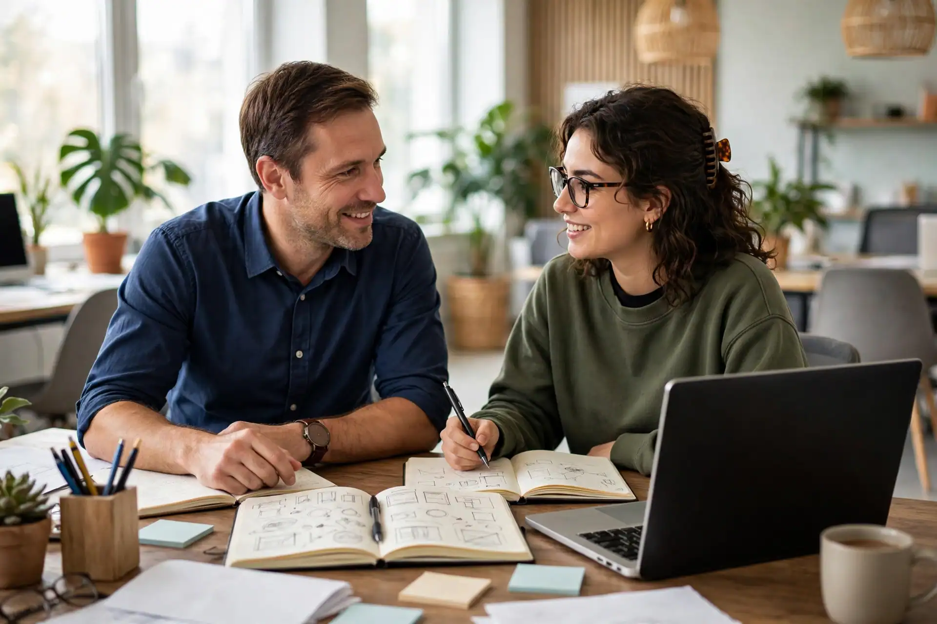 Business owner and WordPress developer planning a website brief together