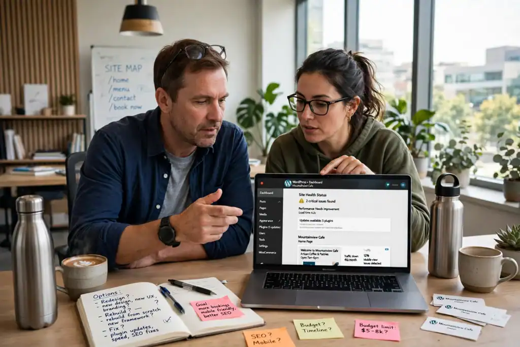Business owner and WordPress developer reviewing an existing website before a redesign