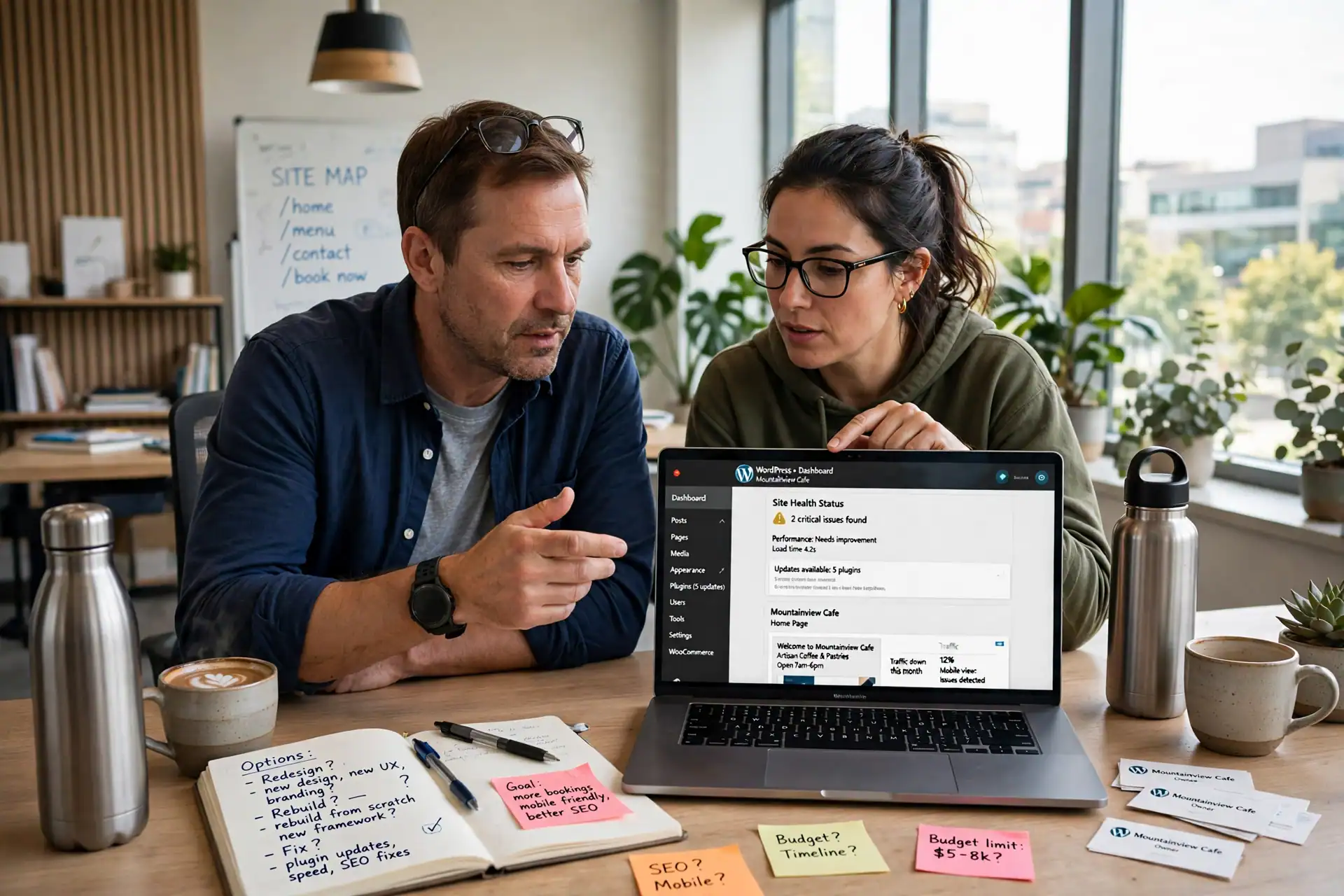 Business owner and WordPress developer reviewing an existing website before a redesign