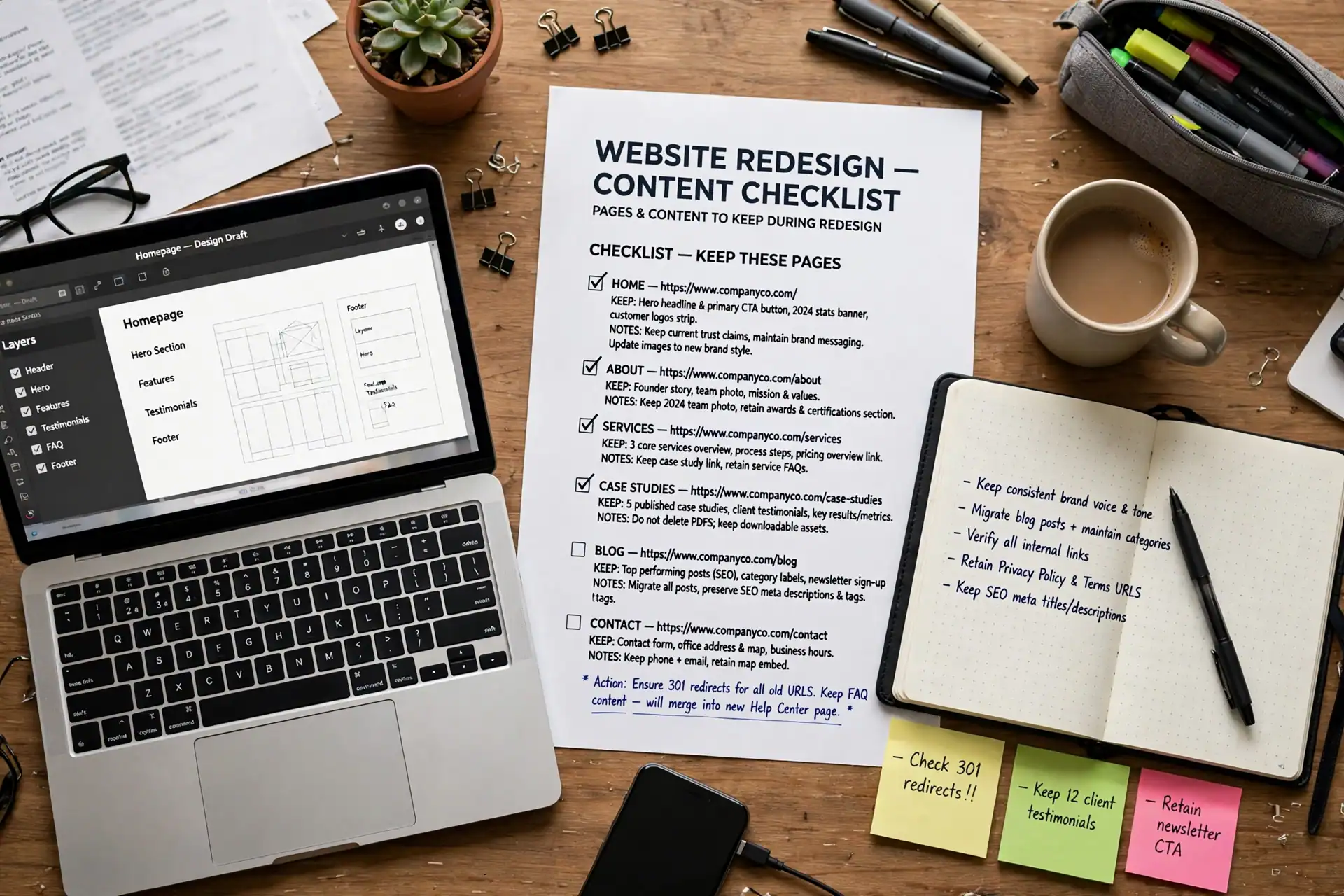 Website pages, URLs and content checklist for what to keep in a redesign