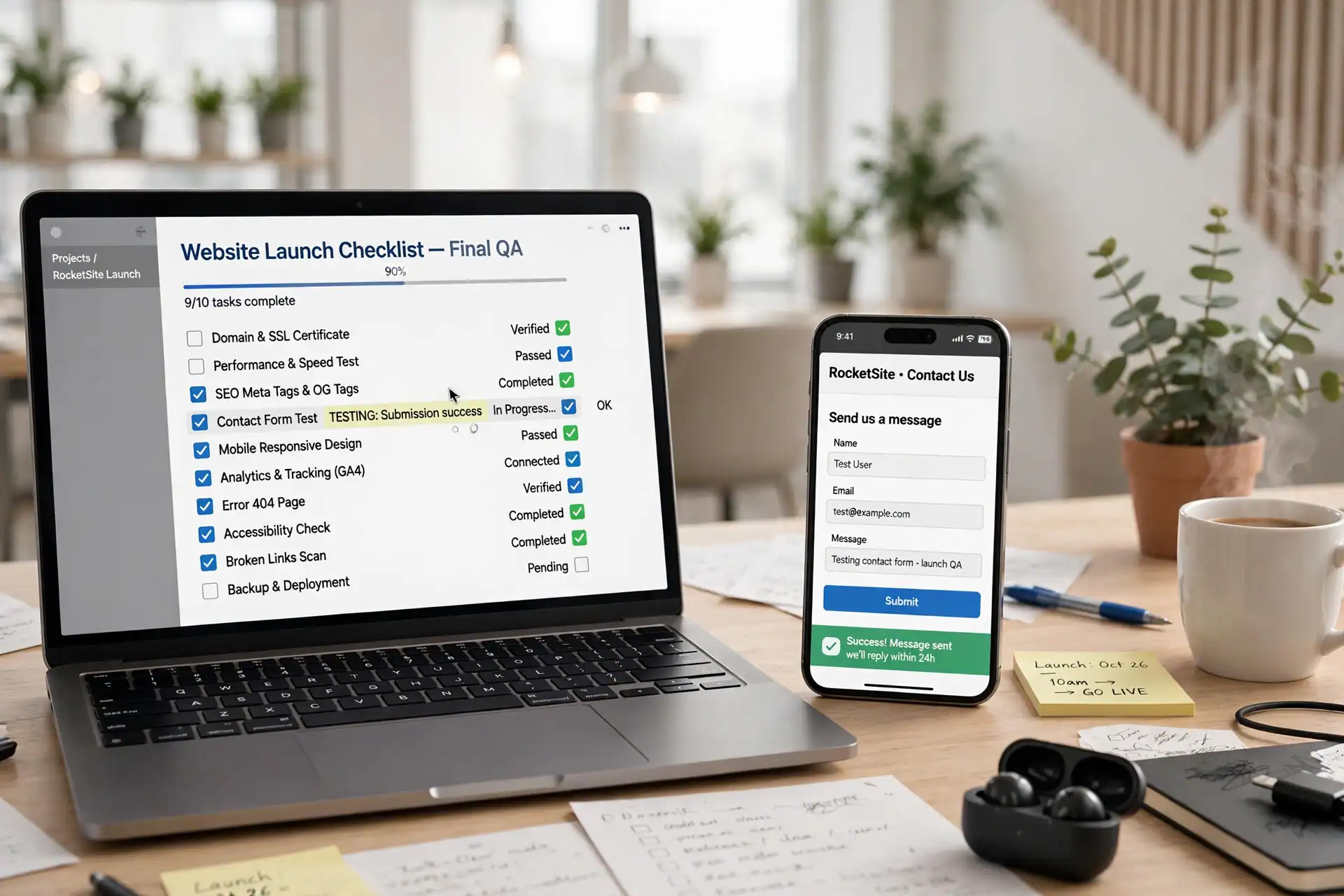 Website launch checklist with a contact form test and mobile website preview