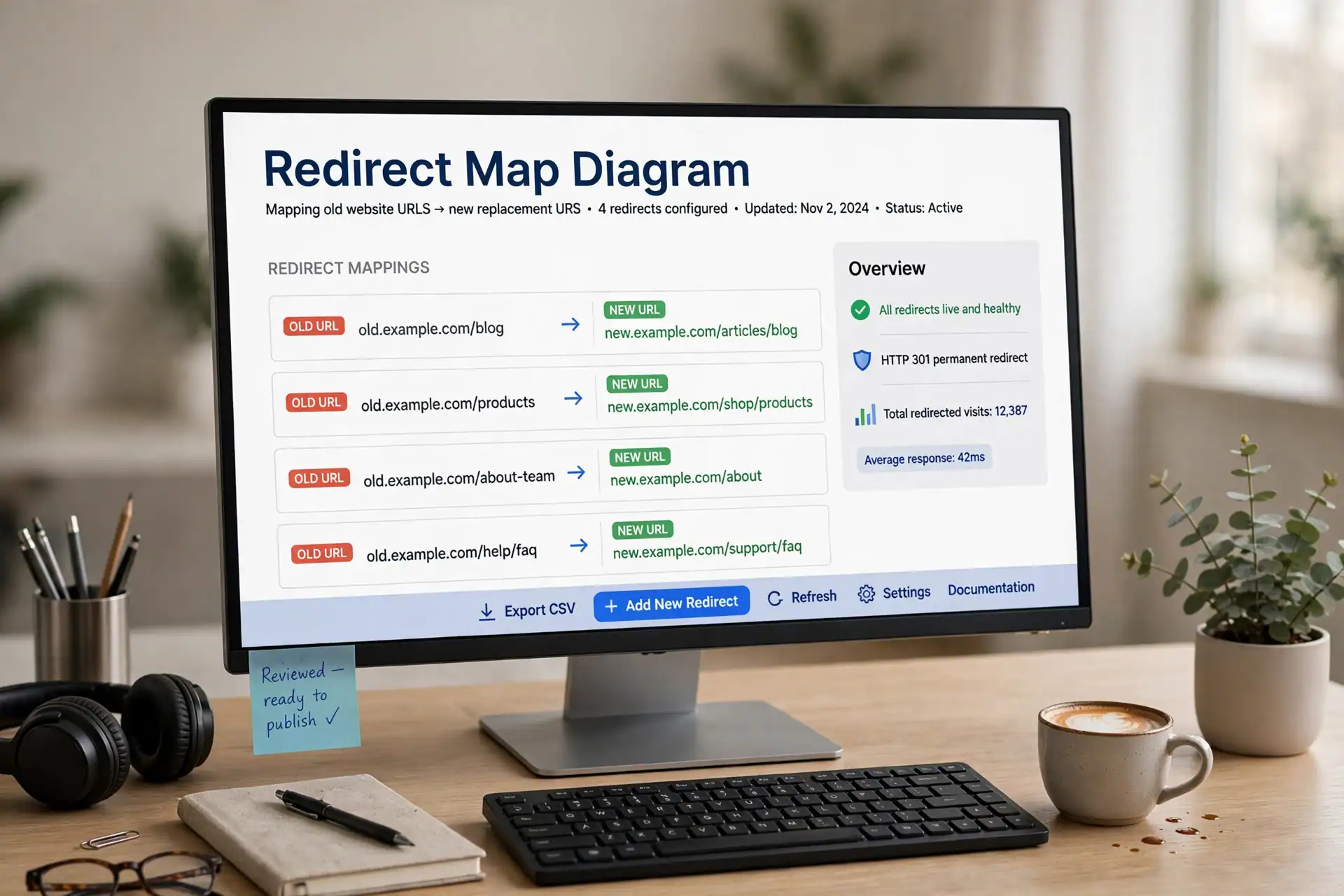 Redirect map showing old website URLs pointing to their new replacement URLs