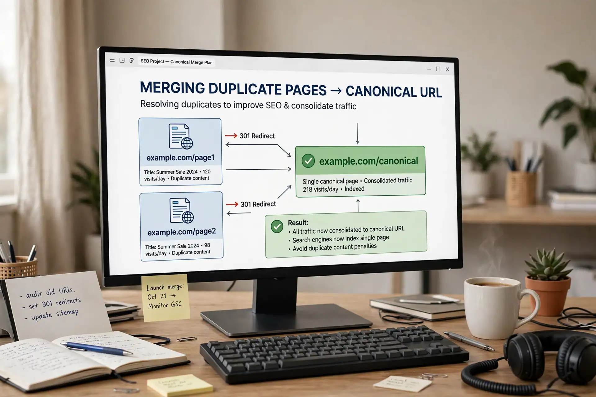 Diagram showing duplicate website pages merged to one canonical page with redirect arrows