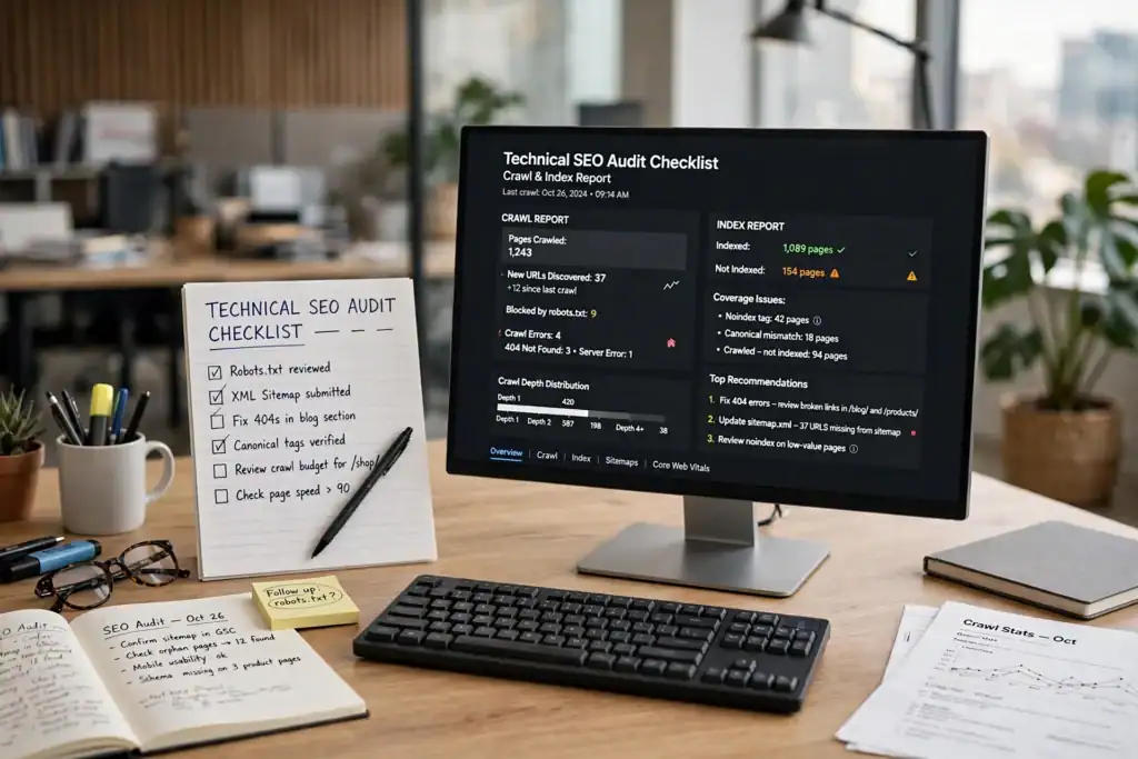 Technical SEO audit checklist on a screen with crawl and index reports