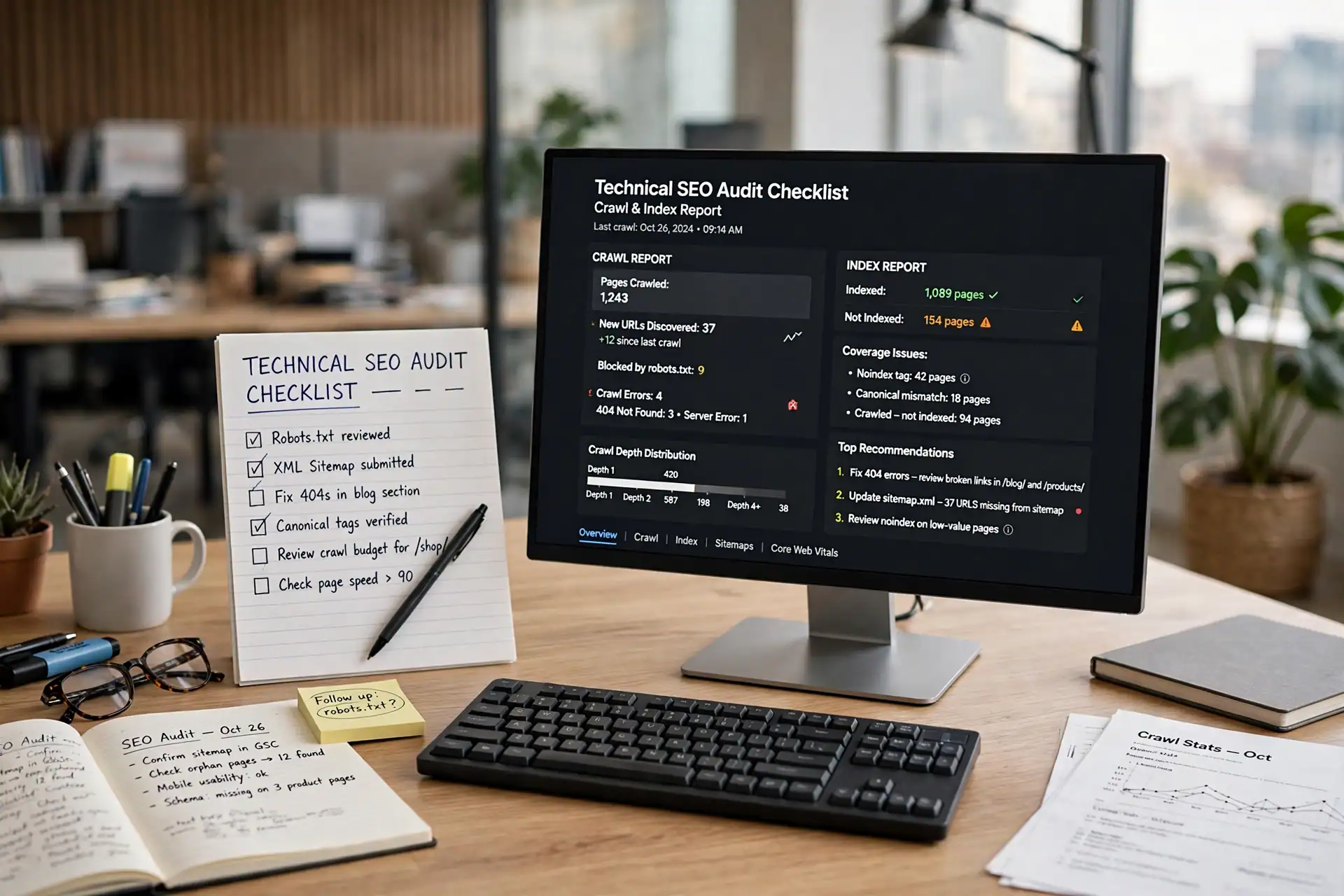 Technical SEO audit checklist on a screen with crawl and index reports