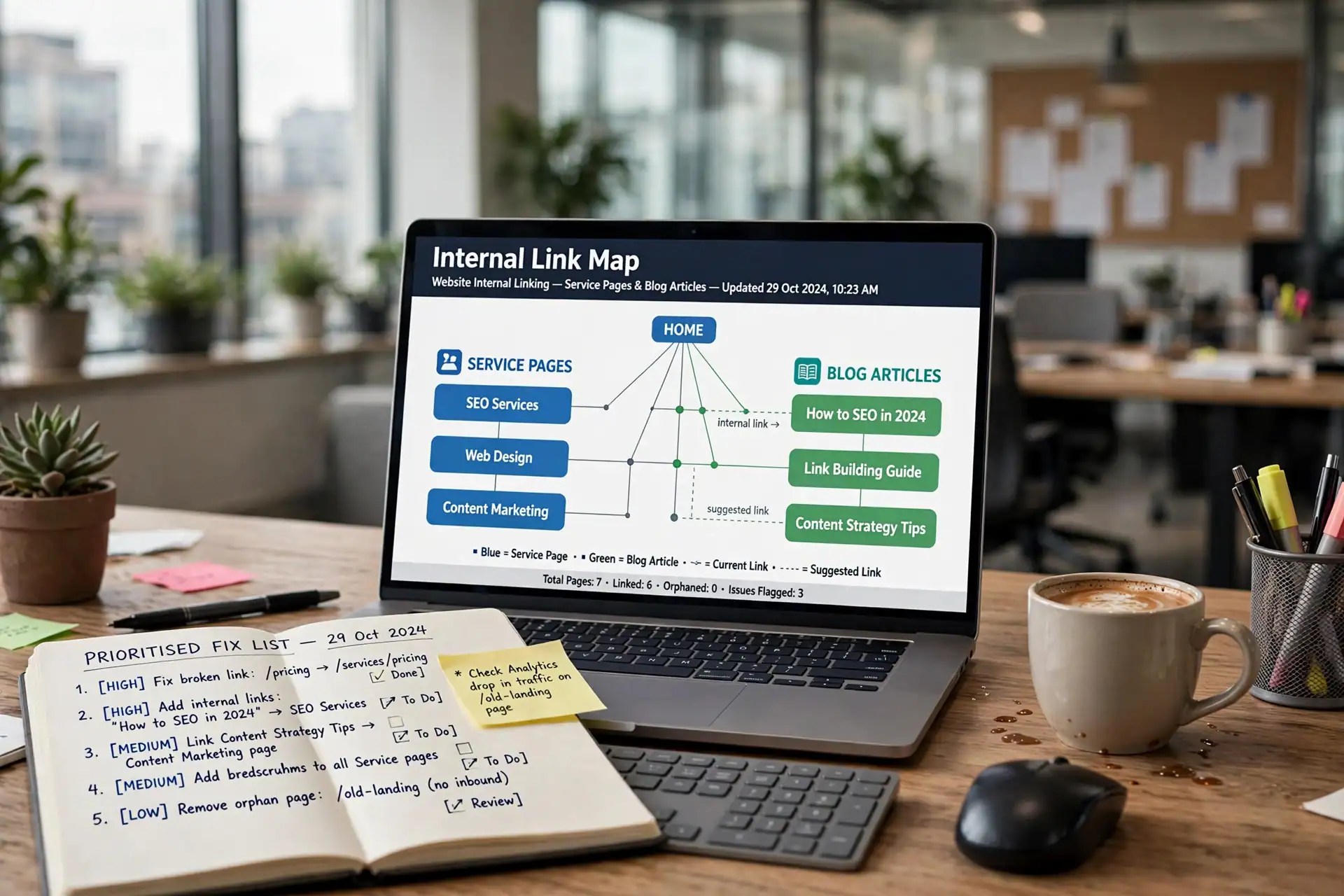 Internal link map connecting website pages with service pages and blog articles
