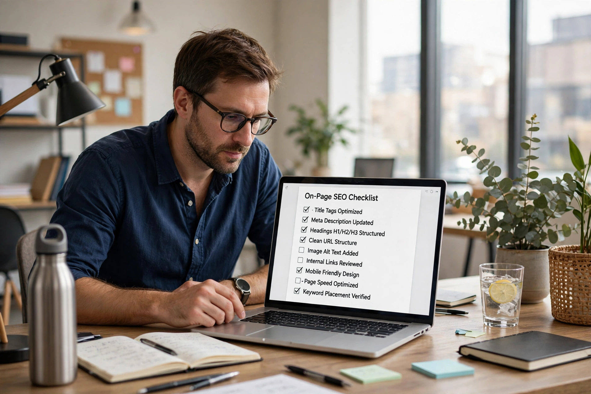 On-page SEO checklist for a WordPress page with titles headings and images